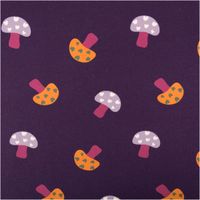 Sweat Stoff angeraut Pilze aubergine flieder orange 1,50m Breite Sweatstoff in Aubergine mit buntem Pilzmuster, Motivdetails in Orange, Flieder und Pink, flach ausgebreitet