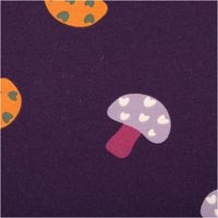 Sweat Stoff angeraut Pilze aubergine flieder orange 1,50m Breite Nahaufnahme von angerautem Sweatstoff mit Pilz-Motiv in Flieder und Orange auf auberginem Hintergrund