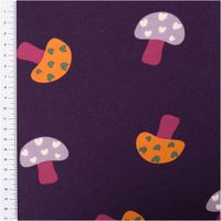 Sweat Stoff angeraut Pilze aubergine flieder orange 1,50m Breite Ausschnitt von angerautem Sweatstoff mit Pilzmotiven in Orange und Flieder auf auberginefarbenem Grund, Massband am Rand