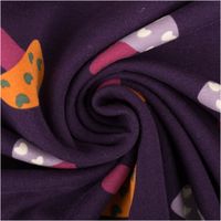Sweat Stoff angeraut Pilze aubergine flieder orange 1,50m Breite Sweatstoff mit Pilzmotiv in Aubergine, Flieder und Orange zur Spirale gedreht, Motivdetails gut sichtbar
