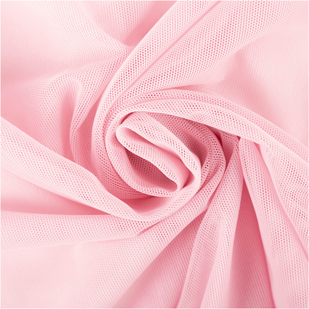 Tüll Stoff softer Stretchtüll mit 7% Elasthan uni rosa in 1,50m Breite rosafarbener Stretchtüll Stoff zur Spirale gelegt mit feiner Netzstruktur in Nahaufnahme