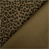 Khaki-brauner Stretchstoff mit schwarzem Leopardenmuster, Vorder- und Rückseite sichtbar