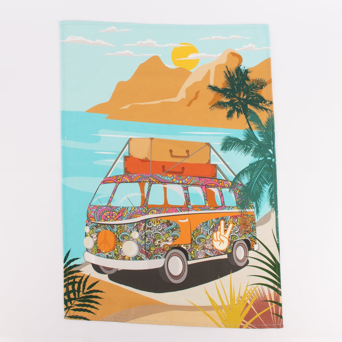 Geschirrtücher Camper Vanlife Retro Bus 3er Set aus Baumwolle 50x70 cm türkis bunt Geschirrtuch mit orangefarbenem Retro-Bus im bunten Hippie-Muster, Koffer auf dem Dach, vor Meer, Bergen und Palmen