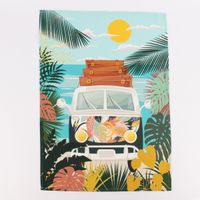 Geschirrtücher Camper Vanlife Retro Bus 3er Set aus Baumwolle 50x70 cm türkis bunt Geschirrtuch mit weißem Retro-Bus in Frontansicht, gestapelte Koffer auf dem Dach, umgeben von tropischen Blättern
