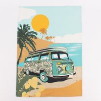 Geschirrtücher Camper Vanlife Retro Bus 3er Set aus Baumwolle 50x70 cm türkis bunt Geschirrtuch mit türkisfarbenem Retro-Bus im Blättermuster, Surfbretter auf dem Dach, am Strand unter gelber Sonne