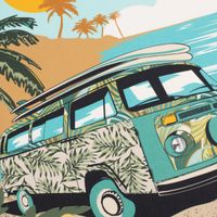 Geschirrtücher Camper Vanlife Retro Bus 3er Set aus Baumwolle 50x70 cm türkis bunt Nahaufnahme des türkisfarbenen Busses mit Palmblatt-Muster und Surfbrettern auf dem Dach vor Meer und Palmen