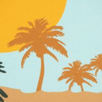 Geschirrtücher Camper Vanlife Retro Bus 3er Set aus Baumwolle 50x70 cm türkis bunt Detail des Drucks mit ockerfarbenen Palmen-Silhouetten und gelber Sonne auf hellem Türkis
