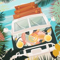 Geschirrtücher Camper Vanlife Retro Bus 3er Set aus Baumwolle 50x70 cm türkis bunt Nahaufnahme der Bus-Front mit buntem Blätter- und Blütenmotiv, gelben Scheinwerfern und Koffern auf dem Dach