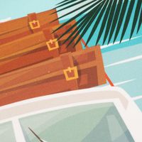 Geschirrtücher Camper Vanlife Retro Bus 3er Set aus Baumwolle 50x70 cm türkis bunt Detail des Drucks mit braunen Lederkoffern und goldenen Schnallen auf dem Busdach vor türkisfarbenem Himmel