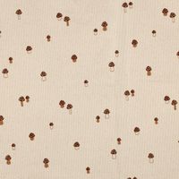Naturfarbener Rippjersey aus Bio-Baumwolle mit kleinen braunen Pilzen, flach ausgelegt Naturfarbener Rippjersey aus Bio-Baumwolle mit kleinen braunen Pilzen, flach ausgelegt