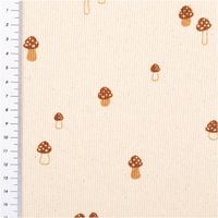 Rippjersey aus Bio-Baumwolle in Naturfarbe mit braunen Pilzen, Stoff mit Maßband am Rand, gemustertes Material