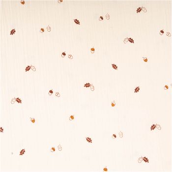 Musselin Stoff Meterware Bio-Baumwolle Eicheln Blätter natur 1,30m Breite Musselin aus Bio-Baumwolle in Natur mit Eicheln und Blättern als Motiv, Stoff flach ausgebreitet