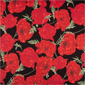 French Terry Sommersweat Digitaldruck Mohnblumen schwarz rot 1,48m Breite Nahaufnahme von French Terry Stoff mit rotem Mohnblumen-Motiv auf schwarzem Hintergrund