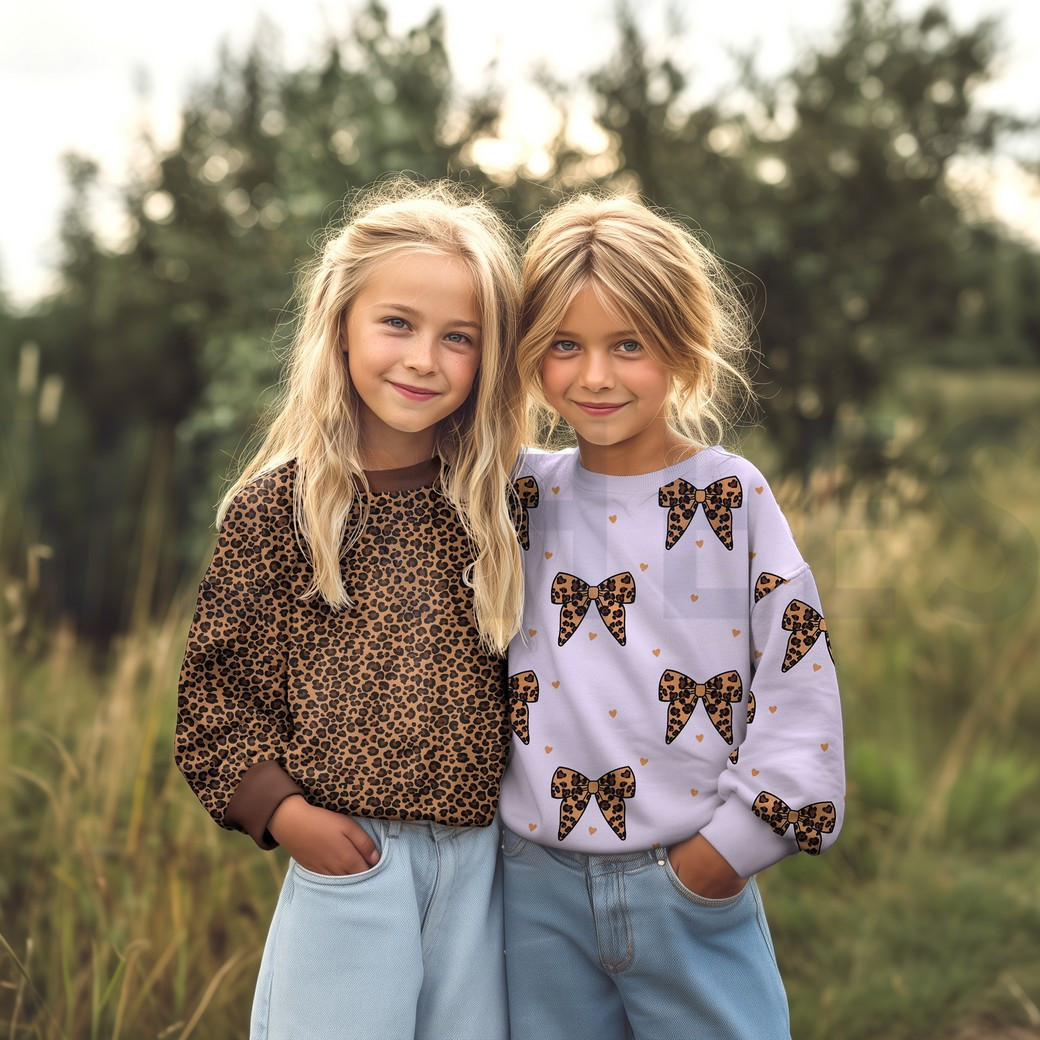 Zwei Mädchen in Pullovern aus French Terry mit Leo-Schleifen in Flieder und Braun Zwei Mädchen in Pullovern aus French Terry mit Leo-Schleifen in Flieder und Braun