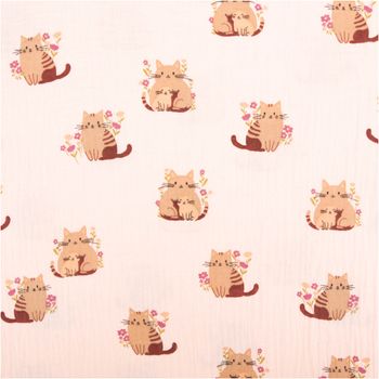 Musselin Stoff Baumwolle Katzen Blumen rosa braun 1,32m Breite Baumwollstoff mit Katzen und Blumen auf rosa Hintergrund, flach ausgebreitet, Motiv deutlich erkennbar