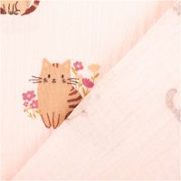 Musselin Stoff Baumwolle Katzen Blumen rosa braun 1,32m Breite Musselin Baumwolle mit Katzen und Blumen, Stoffecke umgeschlagen, zarte rosa Grundfarbe