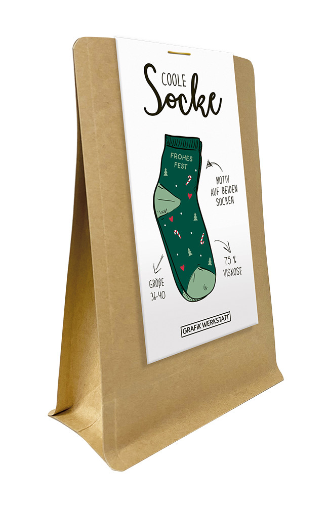 Coole Socke Weihnachten Frohes Fest dunkelgrün bunt Größe 36-40 Weihnachtssocken von Grafik Werkstatt in dunkelgrün, bunt in der Geschenkverpackung