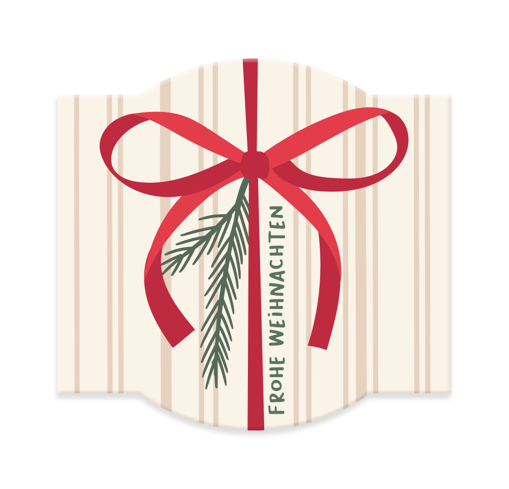 Tannengrüße Blaufichte Topf Frohe Weihnachten Schleife creme rot Banderole der Tannengrüße in creme, rot mit Weihnachtsmotiv, flach ausgebreitet
