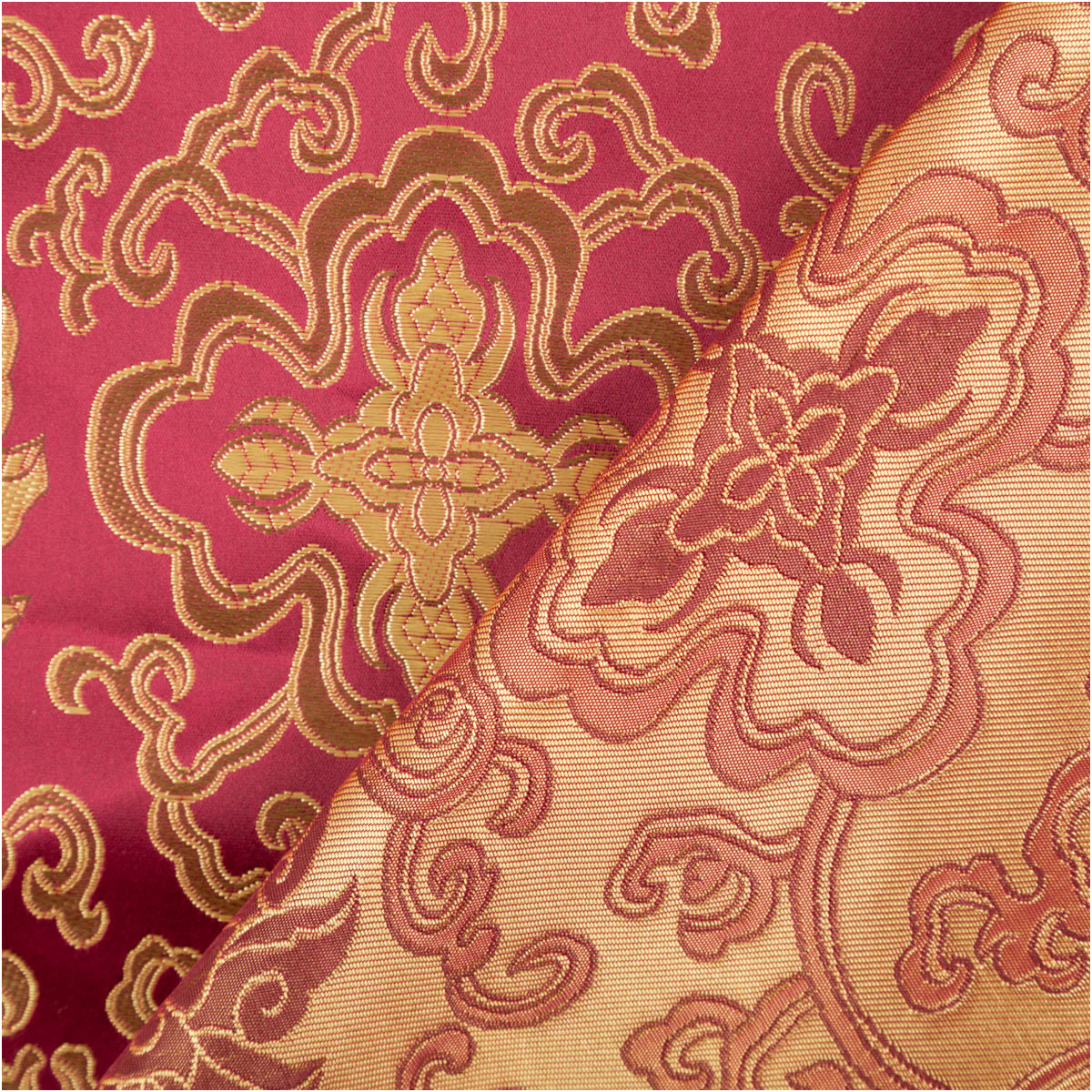 Jacquardstoff Brokat Ornamente bordeaux gold 1,50m Breite Jacquard Brokatstoff mit goldenen Ornamenten und bordeauxrotem Muster, Stoffkante umgeschlagen, Detailansicht