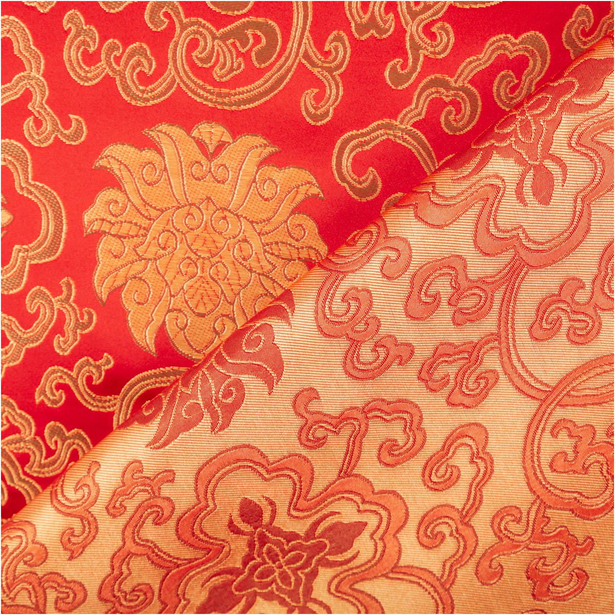 Jacquardstoff Brokat Ornamente rot gold 1,50m Breite Roter Jacquardstoff mit goldenen Ornamenten, Vorder- und Rückseite aufgeklappt sichtbar, detailreiches Brokatmuster
