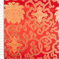 Jacquardstoff Brokat Ornamente rot gold 1,50m Breite rote Brokatstruktur mit goldenen Ornamenten, Nahaufnahme mit Maßband am linken Bildrand