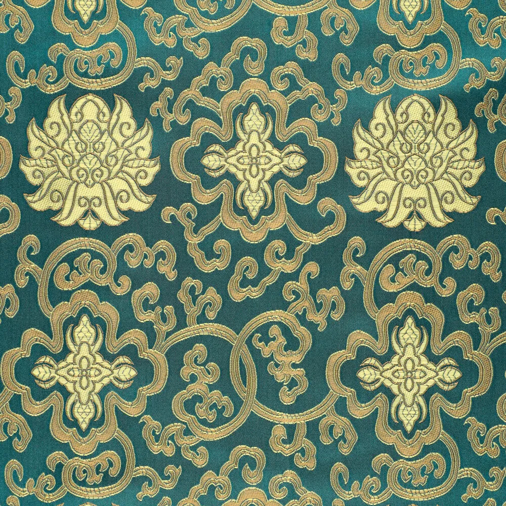 Jacquardstoff Brokat Ornamente petrol gold – Stoffansicht mit eingewebtem Ornament-Dessin Jacquardstoff Brokat Ornamente petrol gold – Stoffansicht mit eingewebtem Ornament-Dessin