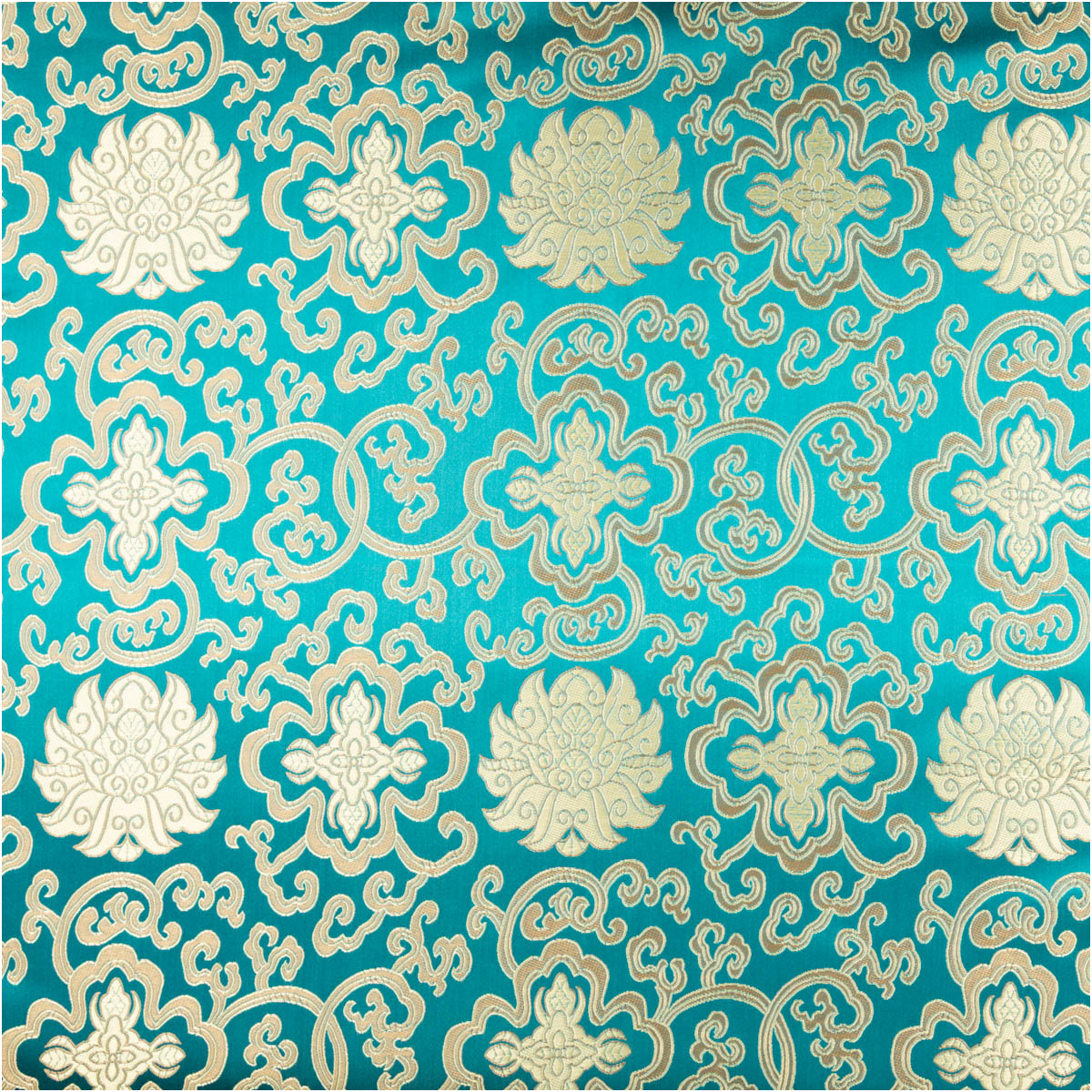 Jacquardstoff Brokat Ornamente petrol gold 1,50m Breite Nahaufnahme von Brokatstoff mit goldenen Ornamenten auf petrolfarbenem Hintergrund
