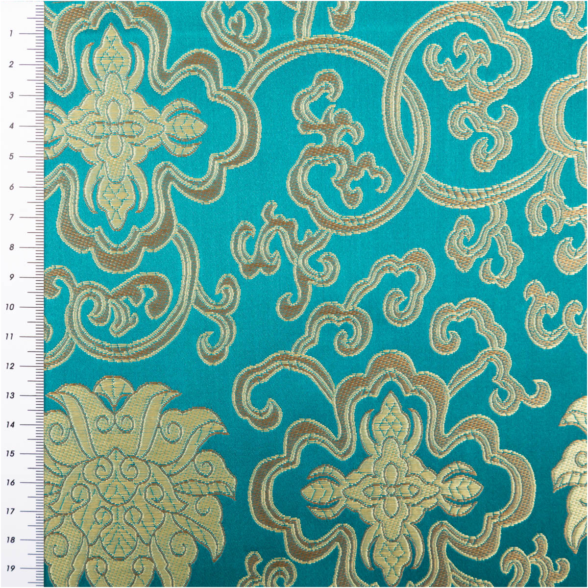 Jacquardstoff Brokat Ornamente petrol gold 1,50m Breite Goldene Ornamente auf petrolfarbenem Jacquardstoff, Bild mit Maßband zur Größendarstellung