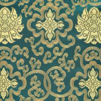 Brokatstoff petrol gold in Nahaufnahme – eingewebte Ornamente und Ranken im Detail Brokatstoff petrol gold in Nahaufnahme – eingewebte Ornamente und Ranken im Detail
