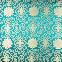 Jacquardstoff Brokat Ornamente petrol gold 1,50m Breite Nahaufnahme von Brokatstoff mit goldenen Ornamenten auf petrolfarbenem Hintergrund