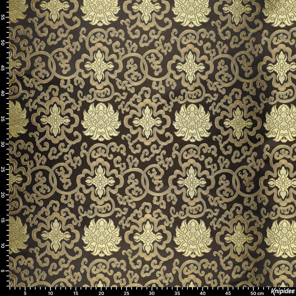 Brokatstoff Ornamente schwarz gold mit Maßband – Größe des Musters
