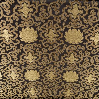 Jacquardstoff Brokat Ornamente schwarz gold 1,50m Breite Jacquardstoff mit goldenen Ornamenten auf schwarzem Hintergrund, Nahaufnahme des Musters