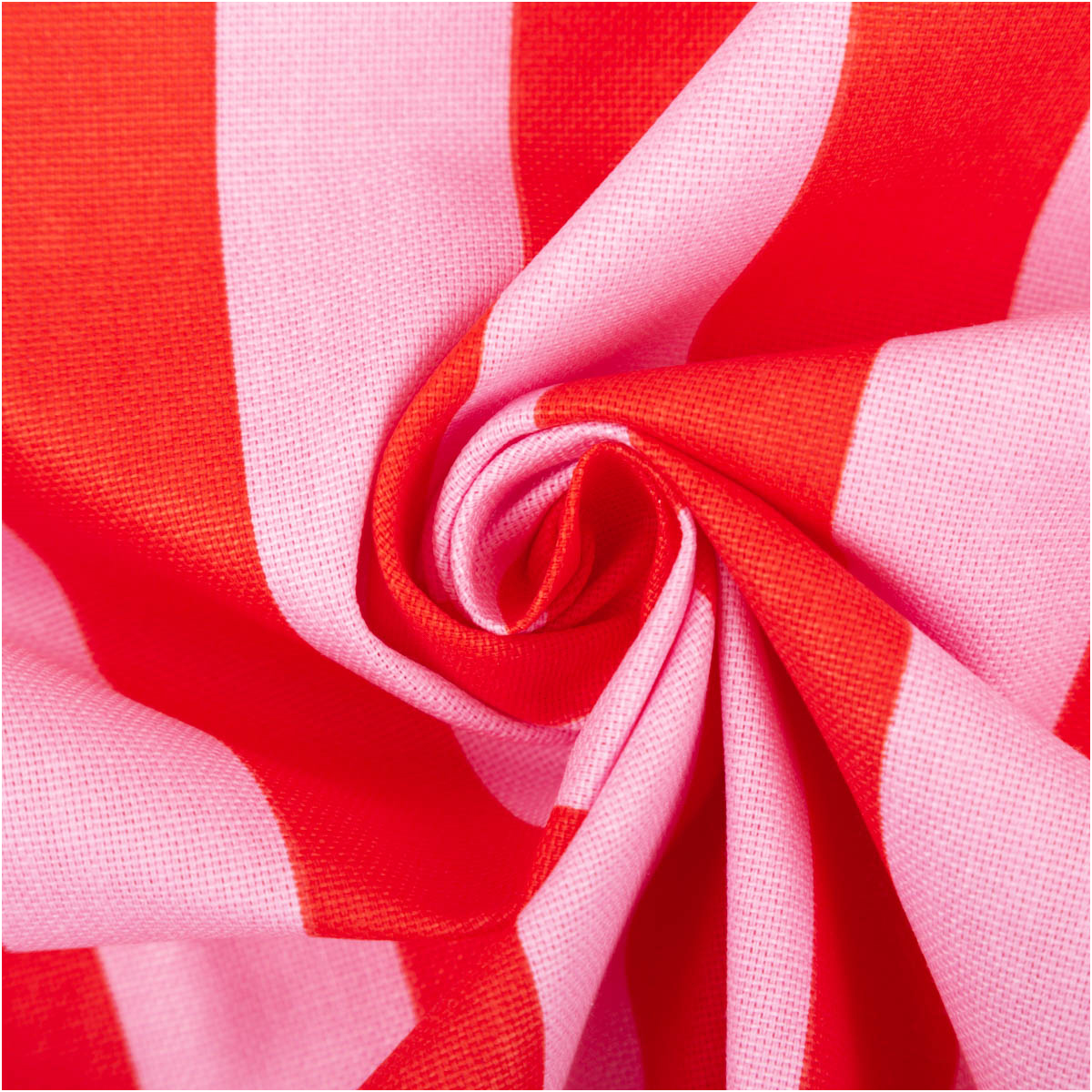 Dekostoff Panama Streifen rosa rot 1,45m Breite gestreifter Baumwollstoff in rosa und rot zur Spirale gewickelt, Nahaufnahme der Oberfläche