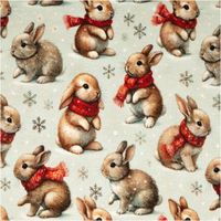 Winterliche Hasen mit roten Schals auf hellgrauem Sweatstoff, dezentes Schneeflockenmuster, Stoffdetail