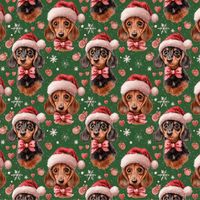 French Terry Sommersweat mit Dackeln mit Weihnachtsmütze auf grünem Grund, flach ausgebreitet, Motivansicht