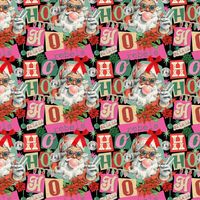 French Terry Sommersweat mit Retro-Weihnachtsmann und HO-HO-Schrift in Pink und Schwarz, flach ausgebreitet, Motivansicht
