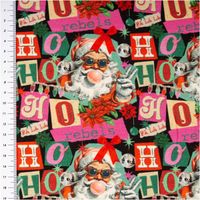 Sweatstoff in Schwarz und Pink mit Retro-Weihnachtsmann, Schriftzügen und Sternen, Maßband am Rand