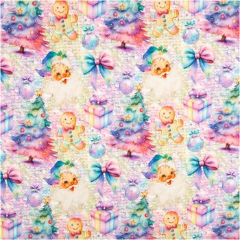 Sweat Weihnachtsstoff Weihnachtsmann Lebkuchen pastell bunt 145cm bunter Weihnachtsstoff mit pastellfarbenen Weihnachtsmann- und Lebkuchenmotiven, Geschenken, Tannenbäumen und Schleifen