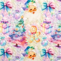 pastellfarbener Sweatstoff mit Weihnachtsmann, Lebkuchenfigur, Geschenkpaketen, Tannenbäumen und Schleifen