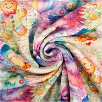 bunter Sweatstoff mit Weihnachtsmann und Lebkuchen in Pastellfarben, spiralig zur Mitte gedreht