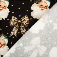 Sweatstoff mit Weihnachtsmann-Köpfen, Leoparden-Schleifen und goldenen Punkten, Vorder- und Rückseite sichtbar
