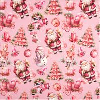French Terry Stoff mit Weihnachtsmann, Schneemann und rosa Weihnachtsbäumen auf pinkem Hintergrund
