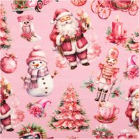 French Terry mit Weihnachtsmann, rosa Schneemann, Nussknacker und Weihnachtsbaum auf pinkem Stoff