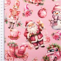 French Terry mit Weihnachtsmotiv und Santa, Nussknacker sowie rosa Hintergrund mit Maßband am Rand