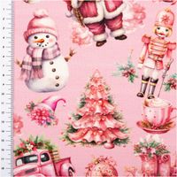 French Terry in Rosa mit Weihnachtsbaum, Schneemann und Nussknacker, Nahaufnahme mit Lineal am linken Rand