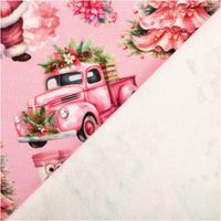 French Terry mit rosa Weihnachtsmotiv, pinkfarbener Oldtimer und Weihnachtsbaum, Vorder- und Rückseite sichtbar