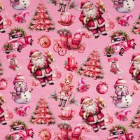 French Terry Sommersweat mit Weihnachtsmann und Schneemann in Pink auf Rosa, flach ausgebreitet, Motivansicht