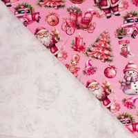 French Terry Sommersweat mit Weihnachtsmann und Schneemann in Pink auf Rosa, umgeschlagene Ecke mit heller Schlingenrückseite