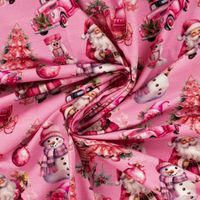 French Terry Sommersweat mit Weihnachtsmann und Schneemann in Pink auf Rosa, gedreht und gerafft