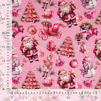 French Terry Sommersweat mit Weihnachtsmann und Schneemann in Pink auf Rosa, mit Zentimeter-Maßstab zur Motivgröße